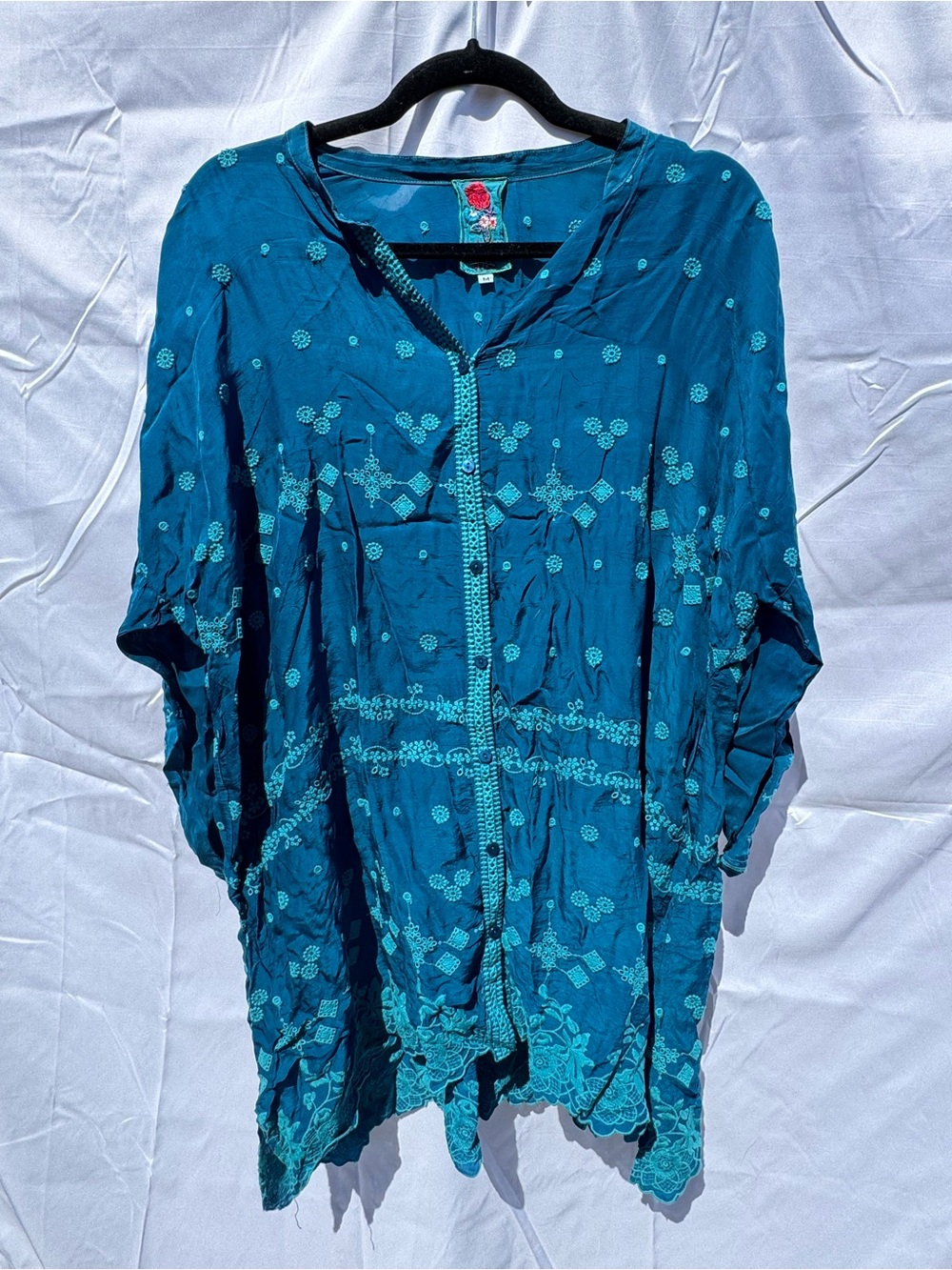 Johnny Was Embroidered Teal Women's Tunic Top